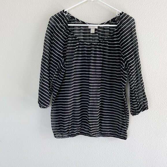 Ann Taylor Loft Blouse Size M Black White Striped 3/4 Sleeve Elastic Waist Top - Picture 1 of 12